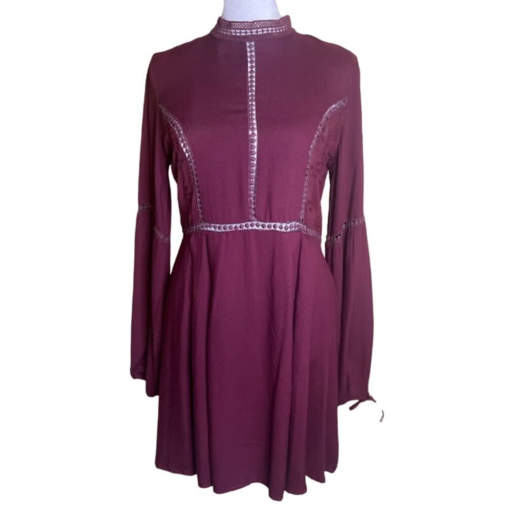Sage The Label Burgundy Cut‎ Out Detail Long Sleeve Dress Size Small